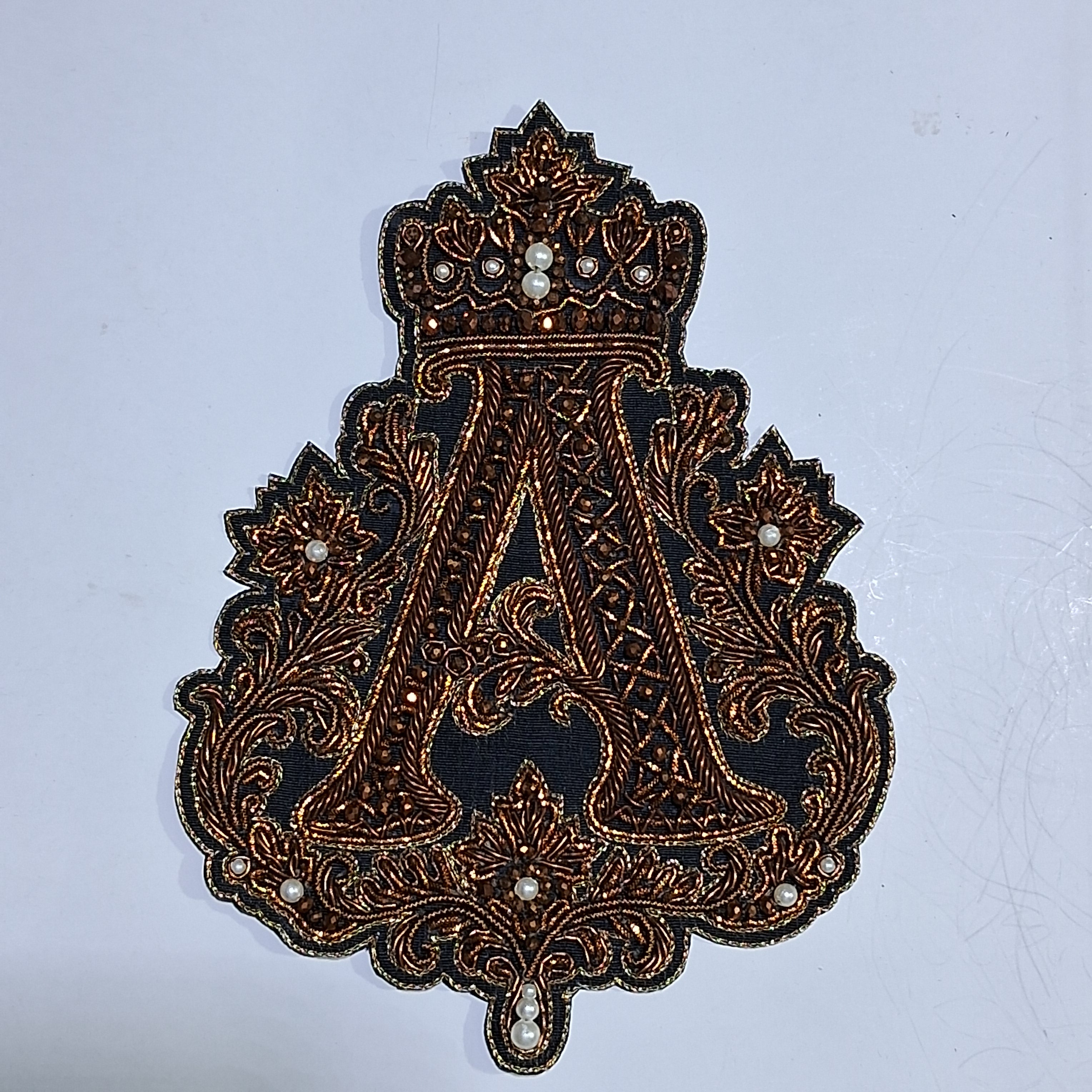 Hand Embroidered Crown Letter A Patch, Luxury Zardozi Monogram Applique, Royal Crest Jacket Patch.