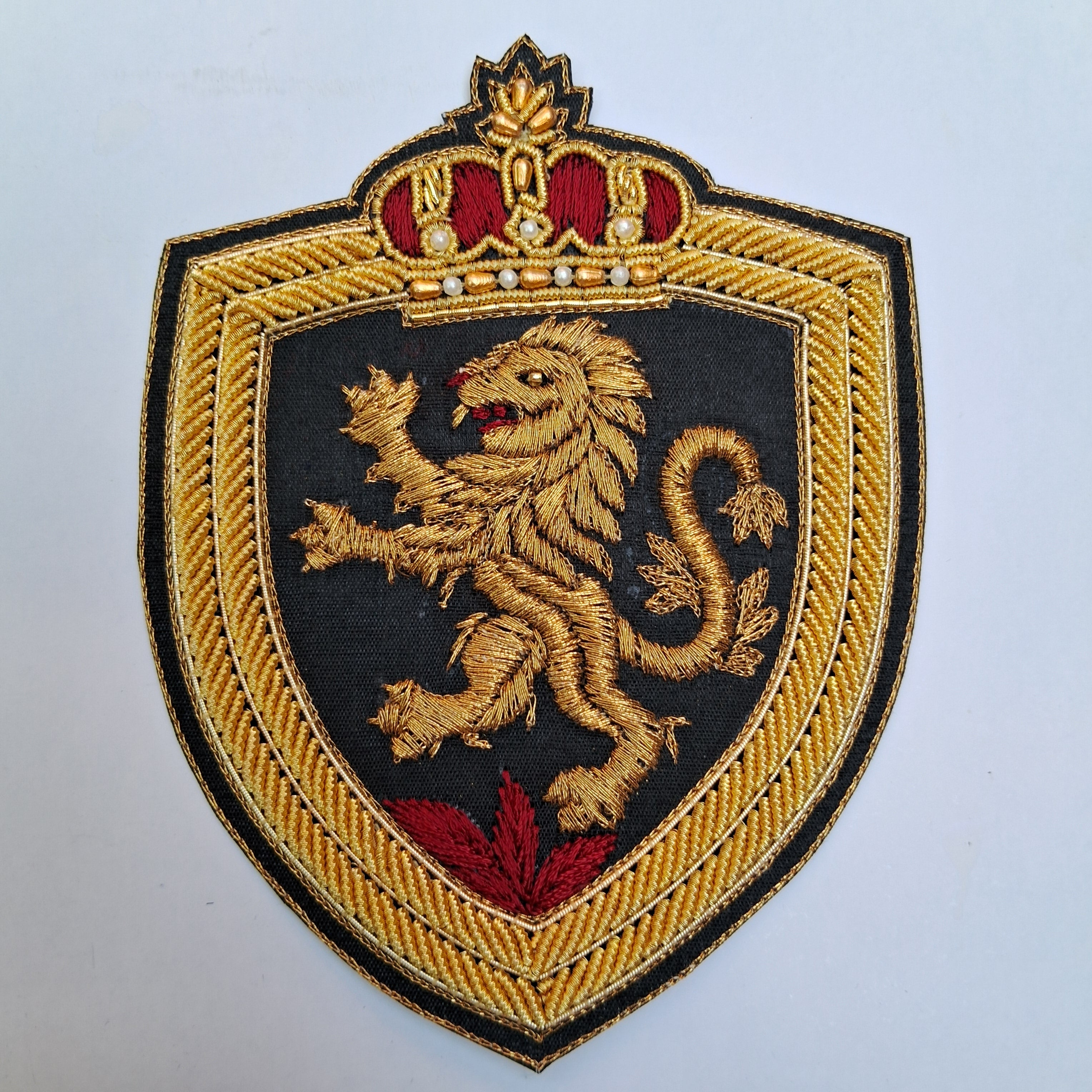 Hand-Embroidered Crowned Lion Heraldic Crest