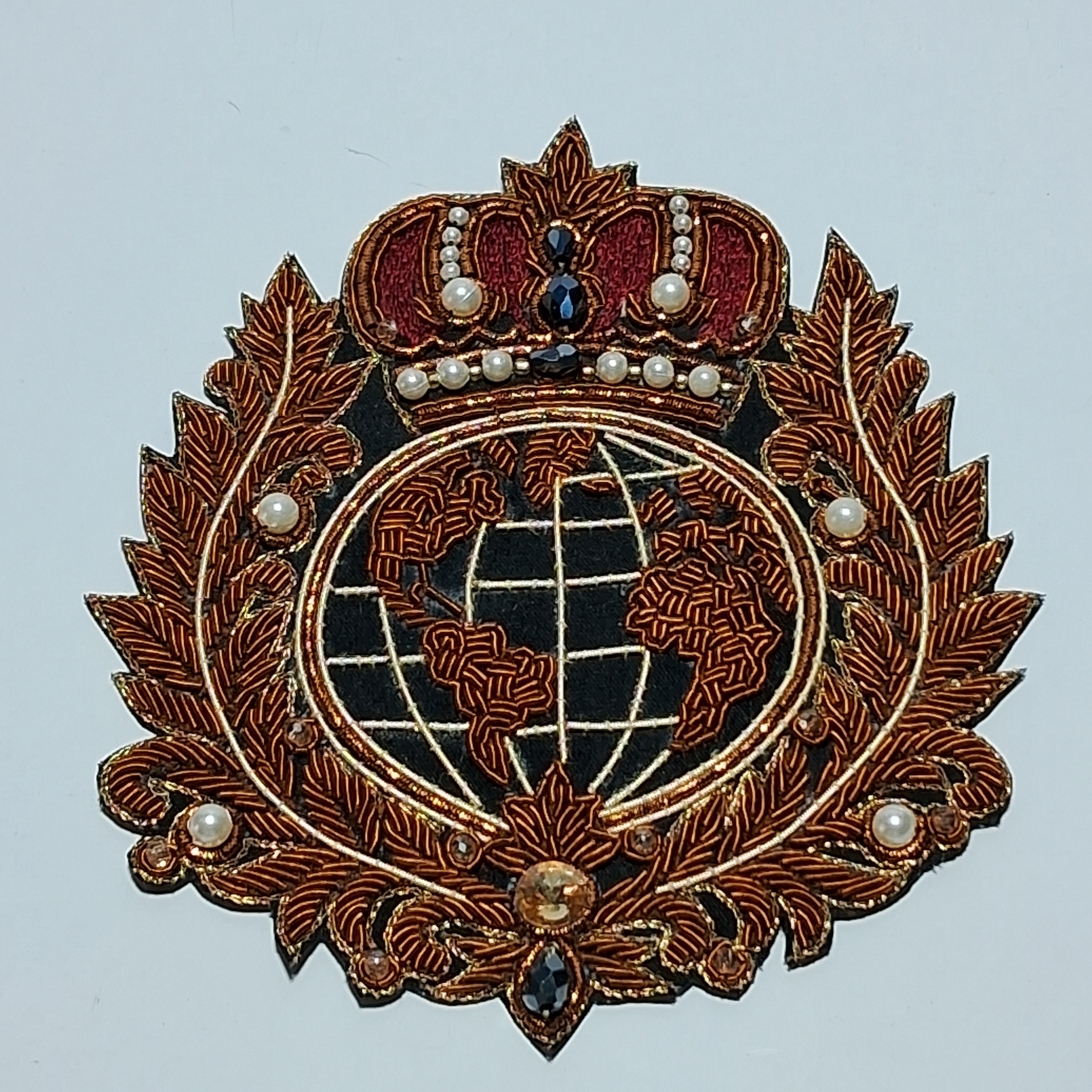 Hand-Embroidered Crowned Globe Heraldic Crest