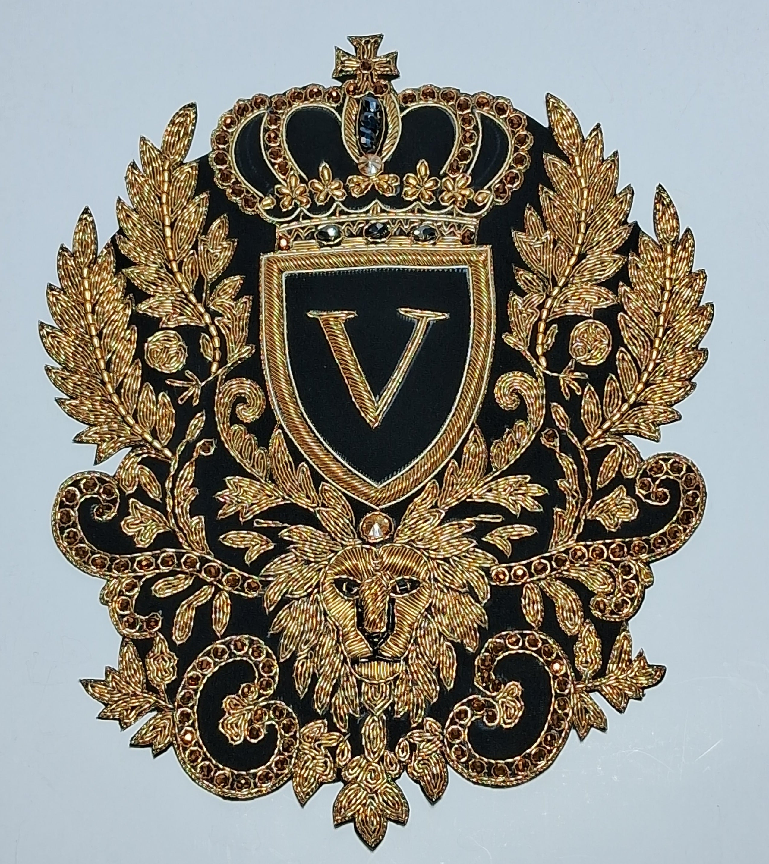 Hand-Embroidered Royal V Monogram Lion Crest