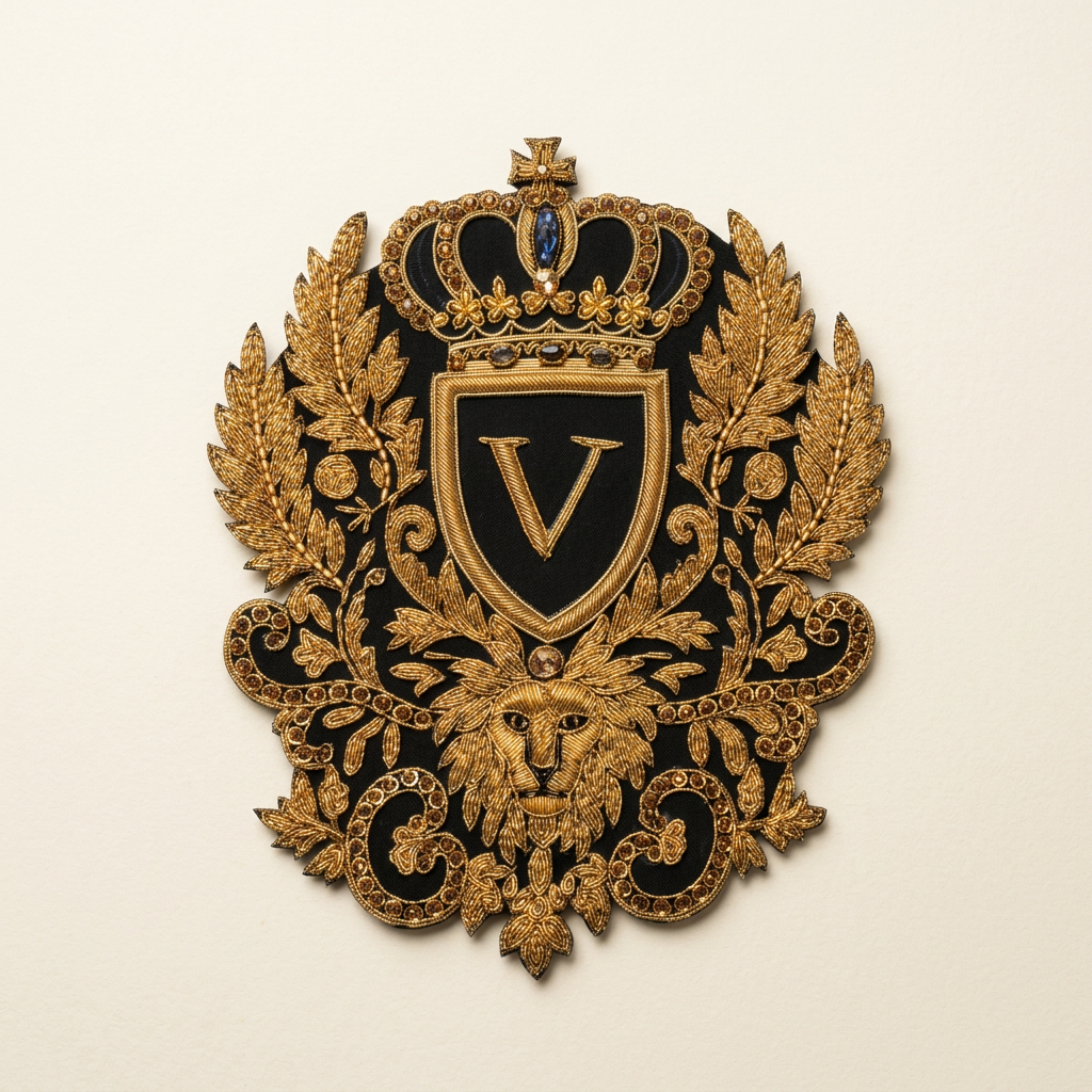 Bespoke embroidered crest on an ivory background