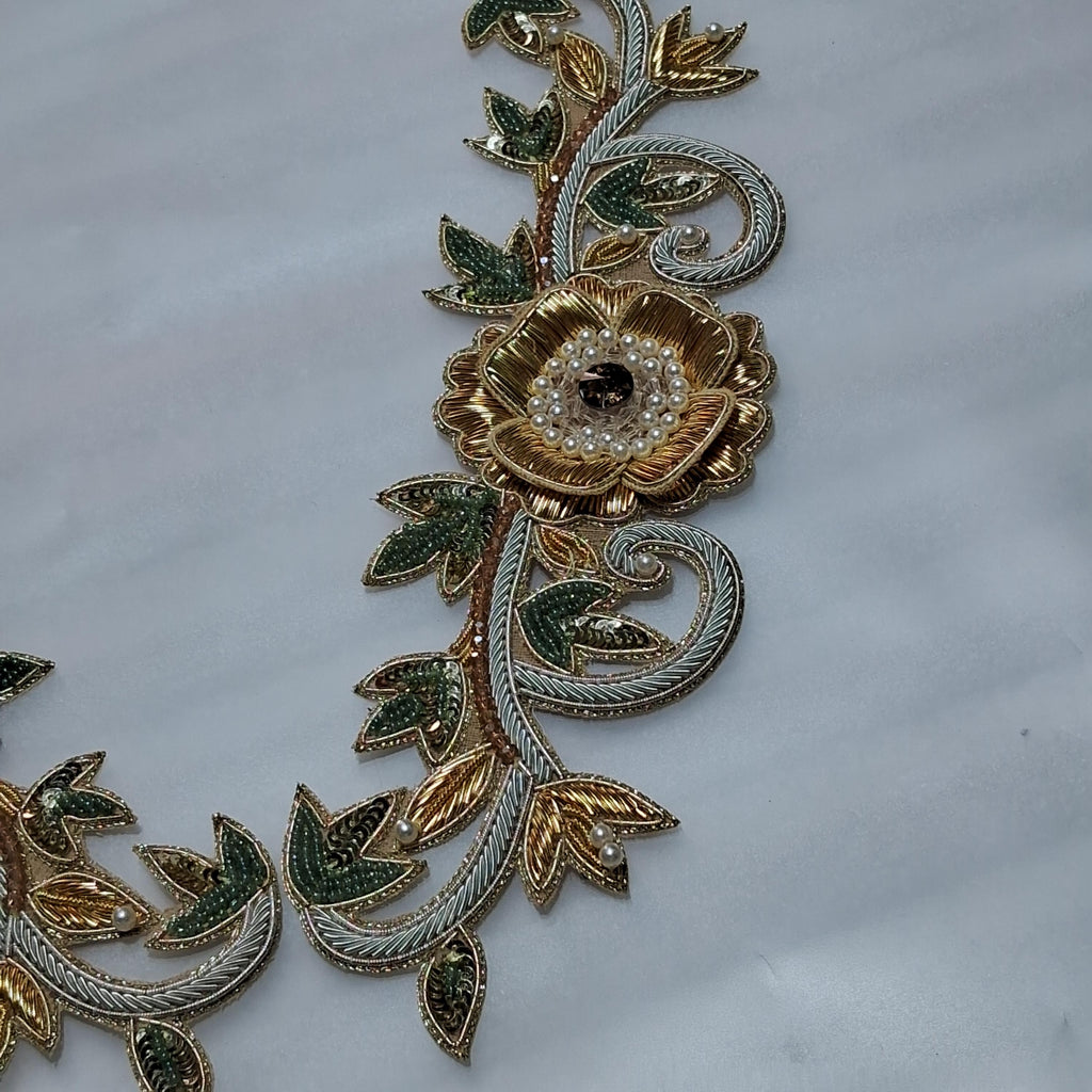 Gold Hand Embroidered Patch Pair — Bridal & Couture Neckline