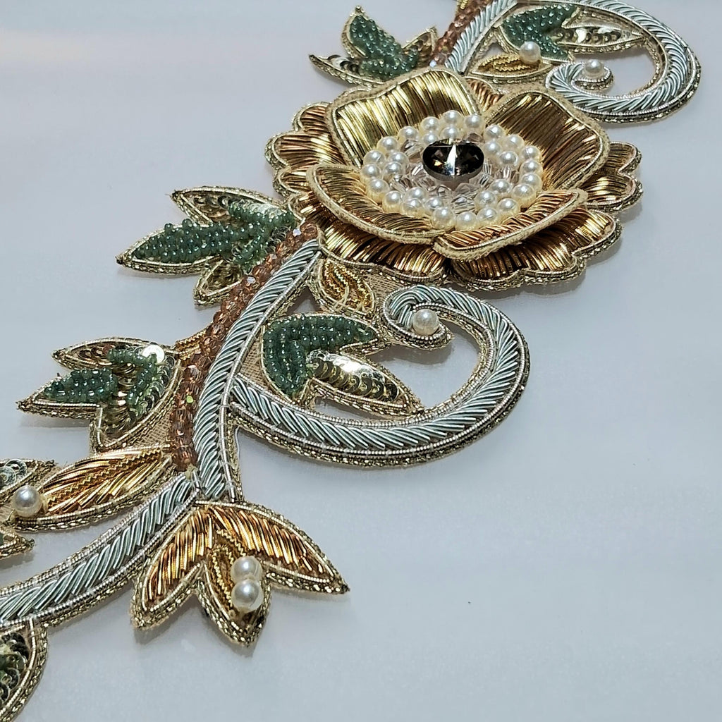 Gold Hand Embroidered Patch Pair — Bridal & Couture Neckline