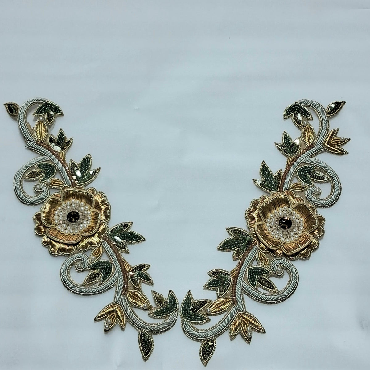 Gold Hand Embroidered Patch Pair — Bridal & Couture Neckline