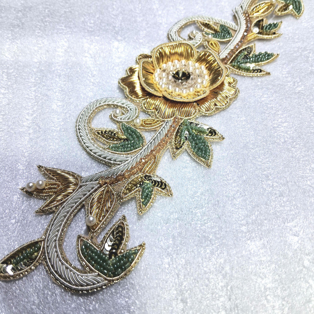 Gold Hand Embroidered Patch Pair — Bridal & Couture Neckline