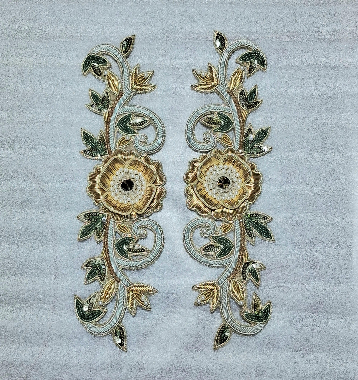 Gold Hand Embroidered Patch Pair — Bridal & Couture Neckline
