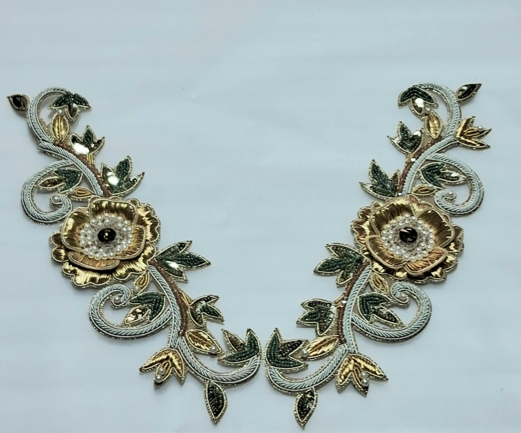Gold Hand Embroidered Patch Pair — Bridal & Couture Neckline