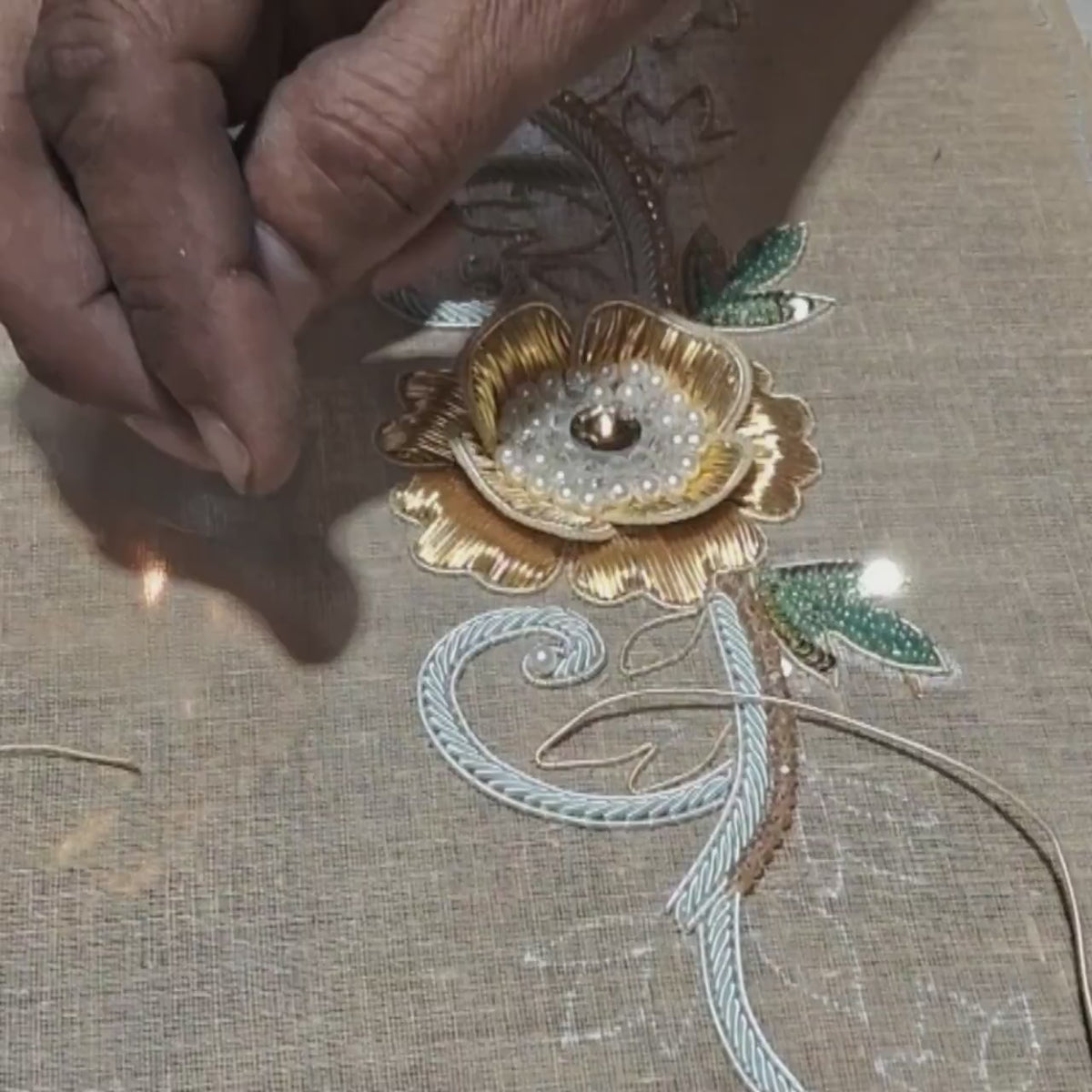 Gold Hand Embroidered Patch Pair — Bridal & Couture Neckline